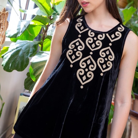 NWT Black Embroidered Velvet Sleeveless Top - Picture 2 of 6